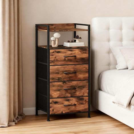 Table de chevet moderne 4 tiroirs en tissu – Étagère ouverte intégrée – Modèle étroit 41x29x83,5 cm – Structure en acier – Idéale pour chambre, salon et bureau – Bois (1/5)