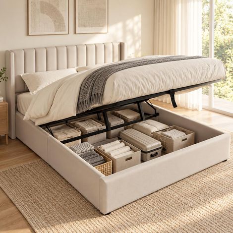 Cama canapé abatible 160x200 cm hidráulica con espacio de almacenaje, Cabecero orejero capitoné y somier de láminas, tela de lino, Beige (1/5)