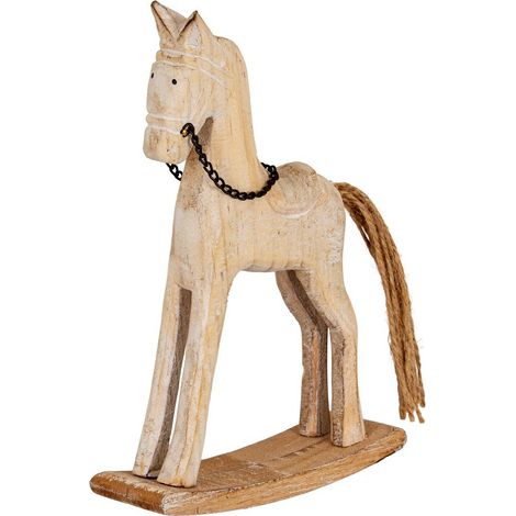 Natural Rustic Rocking Horse Christmas Decoration - Wood - L4 x W14 x H20 cm - White
