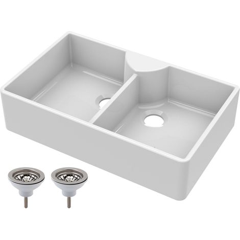 795mm - 2 Bowl Fireclay Butler Kitchen Sink - Stepped Weir, Tap Ledge & Wastes (1/5)