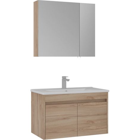 Ensemble Meuble Vasque avec Miroir (2 Pièces) "Side 85 v2" - 85 x 45 x 52 cm - Oak (1/3)
