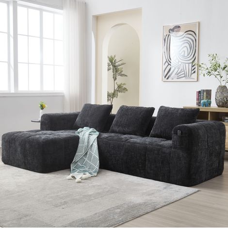 Divano angolare 3 posti in ciniglia con chaise longue, 3 cuscini, tasca laterale, nero DESVIAE (1/5)