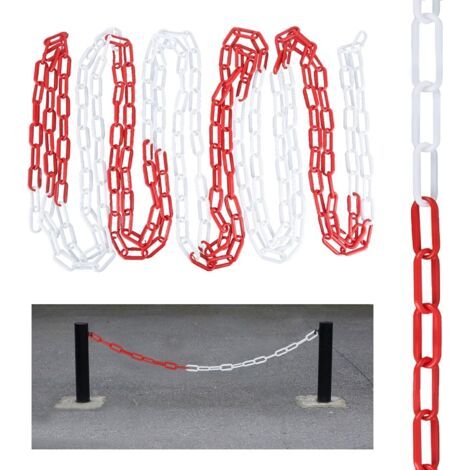 Chaîne de signalisation en plastique rouge et blanc - 6 mm d'épaisseur - Chaîne en plastique - Chaîne d'avertissement avec mousquetons pour le blocage - Pour chantier, parking, file d'attente (1/5)