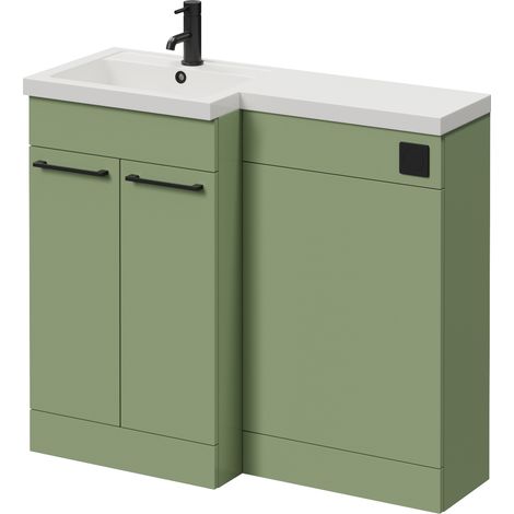 Napoli 390 Olive Green 1000mm 2 Door Vanity Unit Toilet Suite with Left Hand Square Lucia Basin - 1000mm - Matt Black 160mm HandleWithout Kingston Toilet Pan