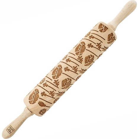 Rodillo de madera MoodForWood, grabado, 43 cm con asas, perfecto para hornear - Diseño de prado (1/5)