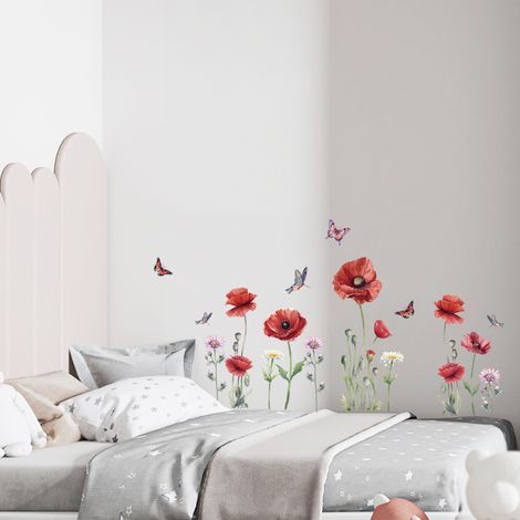 Autocollant mural Fleurs Rouge Grand Pavot Plantes Décor Fenêtre Salon Chambre Adhésif Mural Sticker Végétal (1/5)