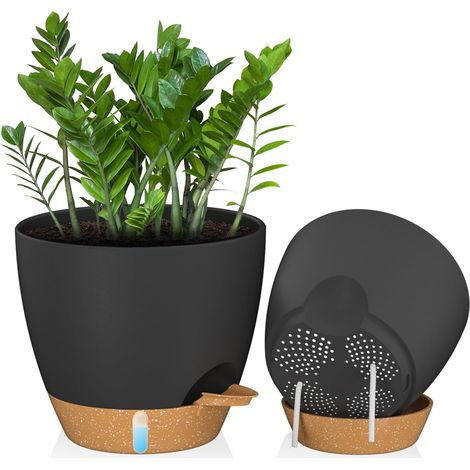 Lot 2 pots fleurs 25cm auto-arrosants - Trous drainage + orifice arrosage - Plastique résistant - Plantes intérieur/extérieur - Noir (1/5)
