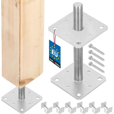 KOTARBAU® 6 pces. Support de Poteau - Acier Galvanisé - 160 x 160 x 250 mm - M24 - Argent - Pied Réglable - Support Poteau Bois - Fixation Robuste Extérieur Intérieur (1/5)