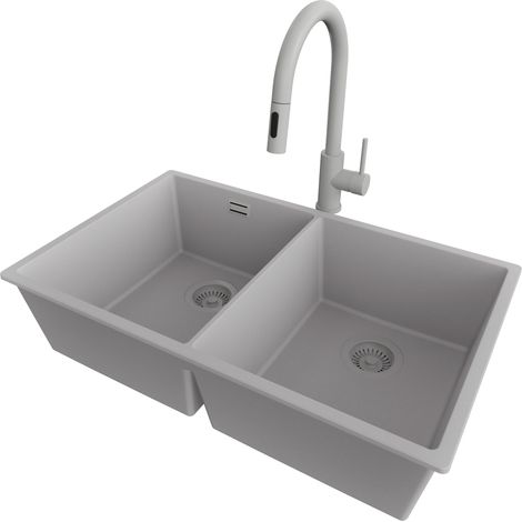 PRIMAGRAN Evier Cuisine en Granit 76x47cm,Lavabo 2 bacs + Robinet 40x20cm + Kit de Vidage, Évier à Encastrer au meuble 80cm - London Slim Twin, Gris (1/5)