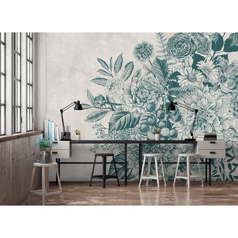Papier peint panoramique nature à motifs vintage | Tapisserie panoramique bleu et beige idéal chambre adulte | Papier peint panoramique floral zen - 270 x 400 cm (4 pièces) (1/5)