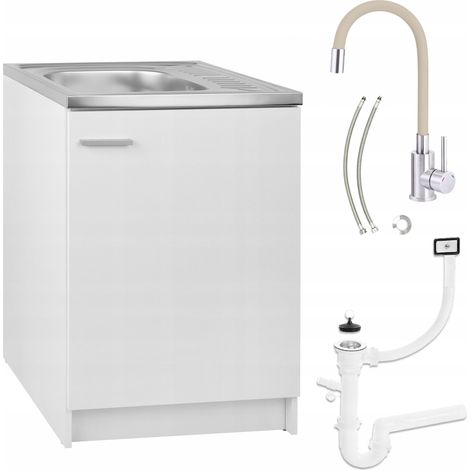Meuble de Cuisine 60x60 - Blanc - Étagère Spacieuse - Avec Évier et Robinet Beige