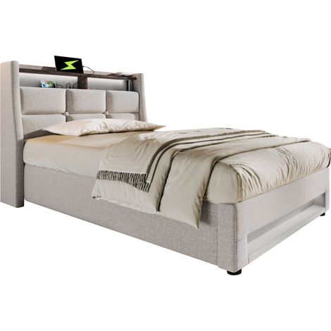 Lit Coffre 90×200 cm, Lit Simple avec USB, LED Réglable et Étagère, sans Matelas, en Lin, Beige (1/4)
