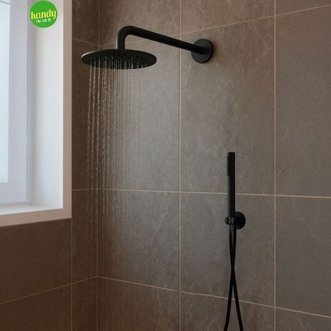 Kit set incasso doccia braccio,soffione e doccino con flessibile e presa acqua modello round tondo nero opaco soffione-braccio-flessibile-doccino-presa acqua - 1/2" AMBRA WATER