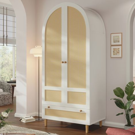 Armadio 80x50x180 cm con appendiabiti e cassetto, design ad arco, contenitore chiuso per camera e ingresso, MDF bianco (1/5)