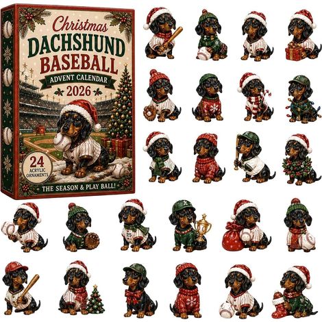 Dackel-Adventskalender 2026 – 24-teilig – schwarz, braun, rot, weiß – Acryl – 28 x 20 cm – Dackel-Baseball-Weihnachtsbaumschmuck – Christbaumschmuck – geeignet für Weihnachten und als Dekoration (1/5)