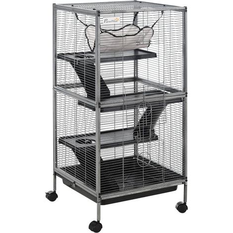 Parc pour cochons d'Inde gris sur roulettes avec 2 portes, 3 rampes, hamac et plateau, 52x52x113,5 cm, mobile pratique