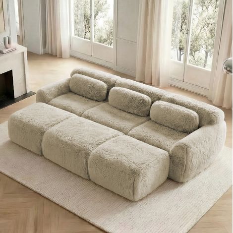Divano modulare 3 posti in tessuto morbido effetto peluche con 3 pouf OKWISH, beige chiaro (1/5)