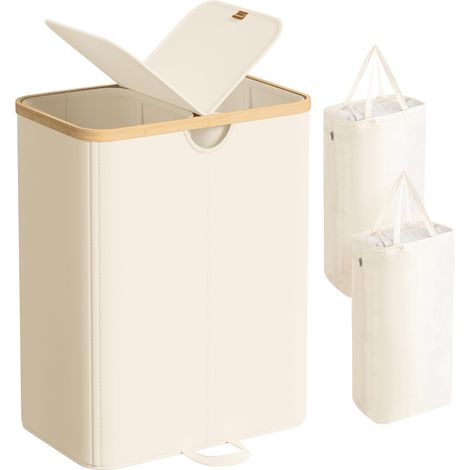 SONGMICS Cesto Portabiancheria a 2 Scomparti, Porta Biancheria 150 L, con Coperchio, Sacchi Interni Rimovibili, per Lavanderia Camera da Letto Soggiorno, Bianco Crema e Beige Naturale LCB523W01 (1/5)
