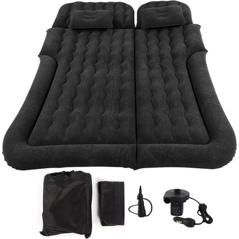 SJLERST Matelas de voyage gonflable multifonction 2 en 1 en PVC floqué, coussin de repos moelleux pour voiture SUV, noir