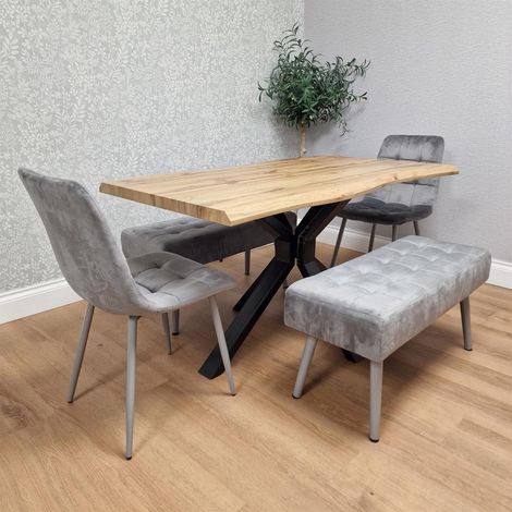 Modern Dining Table Set With 2 Grey Velvet Chairs And 2 Grey Velvet Benches Dining Room Furniture