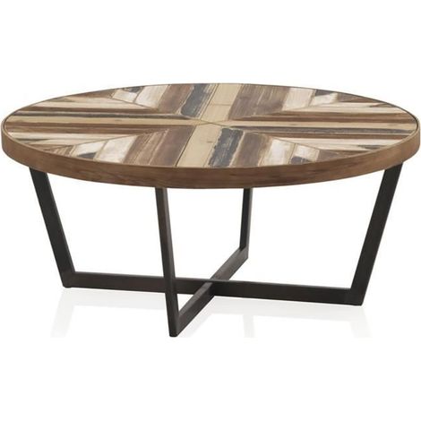 Table basse - JUANIO - Ø80xH35cm - Plateau plaqué sapin multicolore - Pieds métal noir - Forme ronde (1/3)