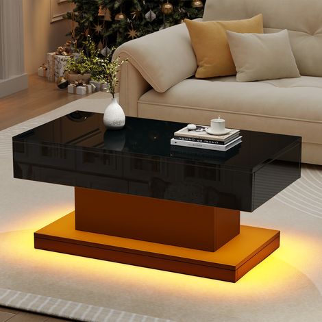 Table basse 100x50x45cm - Avec 2 tiroirs - Avec éclairage LED - Finition brillante - Noir