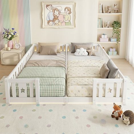 Montessori-Kinderbett 180x200 cm mit Rausfallschutz, Bodenbett aus massiver Kiefer, Einzelbett - Weiß