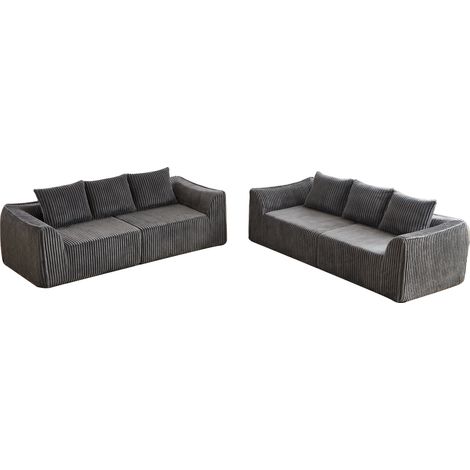 Canapé d'angle en velours côtelé minimaliste avec lignes courbes et cinq coussins (1/5)