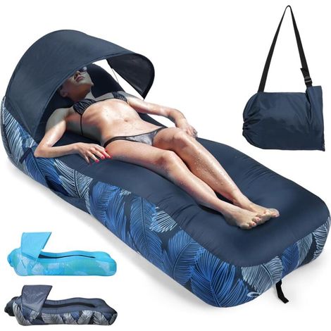 Hamac Gonflable avec Parasol, Portable Canapé Gonflable Air Sofa Eau et Terre, Imperméable Pouf Gonflable avec Sac, Pliable Sofa Gonflable pour Jardin Camping Plage, Plume Bleu Marine