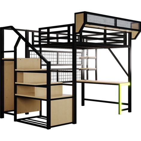 Cama alta de metal 140 x 200 cm con escritorio, estantes, LED y enchufe, negra (1/5)