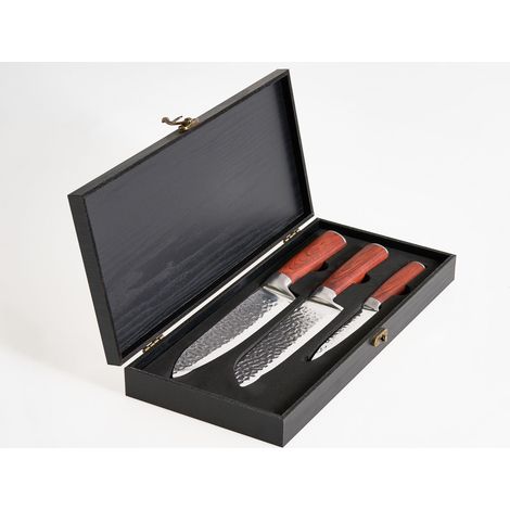 Knife Set Brown Damascus Stainless Steel 3 Pieces Hand-Sharpened 62 HRC Hardness with Chef's Knife Modern Design KASHIWA