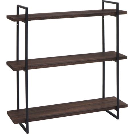 Scaffale mensola portaoggetti pensile 3 ripiani HHG-631 60x60x18cm ferro verniciato nero legno scuro