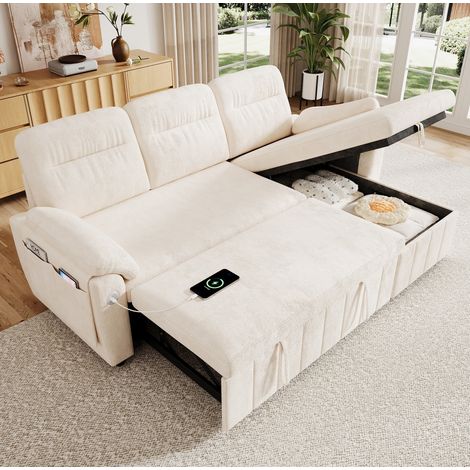 Umbaubare, wendbare Eckcouch mit Bettkasten, USB/Type-C, beige Chenille HAVRYA (1/5)
