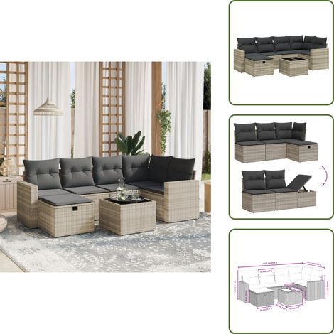 7-tlg. Garten-Sofagarnitur mit Kissen Hellgrau Poly Rattan - Gartenmöbel Set - PE-Rattan Gartenmöbel - Outdoor Lounge Set - Esstisch Set - Gartenlounge (1/5)