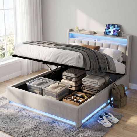 Lit Coffre 90x200 cm avec éclairage LED et Charge USB, Lit Simple Lit Rembourré avec Rangement et Tete de lit, Sommier à Lattes, Velours, Gris