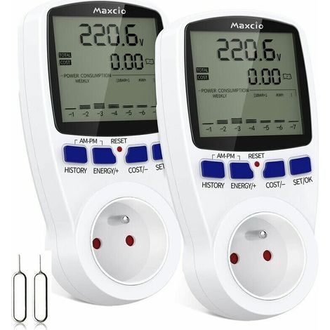 Dual Tariff Electricity Consumption Meter, Maxcio Plug-in Energy Meter with LCD Screen, Overload Protection, Energy Consumption Meter, Wattmeter 3680W MAX, 2 Pack (1/5)