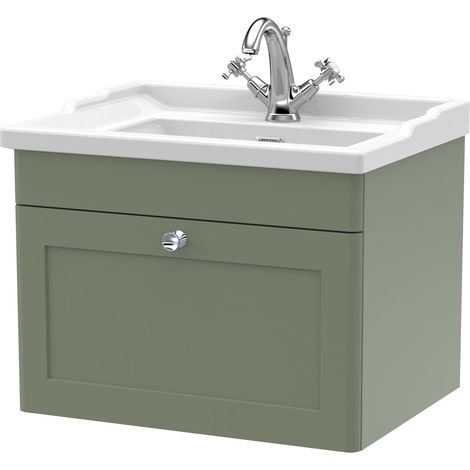 Nuie Classique Wall Hung 1-Drawer Vanity Unit with Traditional Basin 600mm Wide Satin Green - 1 Tap Hole (1/5)
