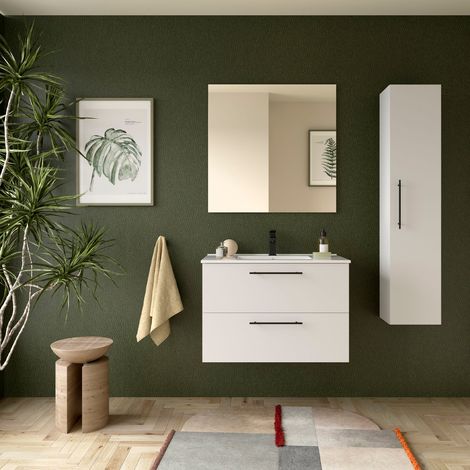 Badezimmermöbel SILANE 800 2 Schubladen WHITE SATIN + Waschtisch + Spiegel