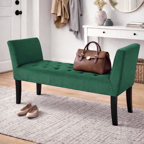 Panca Verde con Piedi in Legno e Rivestimento Velluto Camera da Letto Ingresso
