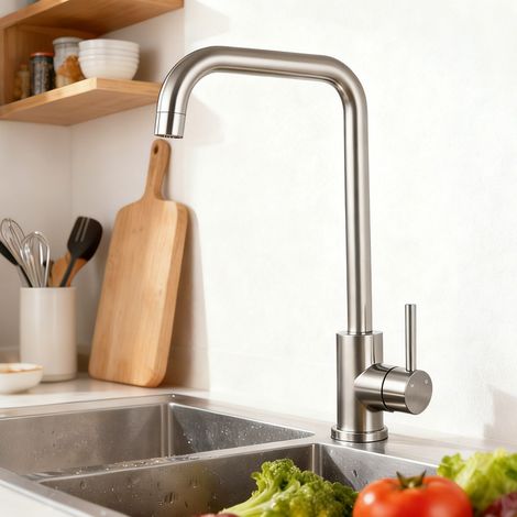 Ocean Sanitaire – Robinet de cuisine mitigeur monocommande 360° rotatif – Acier inoxydable 304 – Bec haut pivotant – Installation sans outil