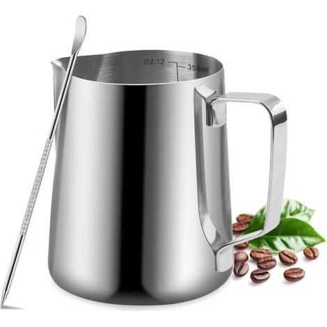Milk Jug 350ml, Stainless Steel Milk Frothing Jug, Floral Coffee Jug with Tamper and Pen, Espresso Jug, Milk Jug for Making Latte (1/4)