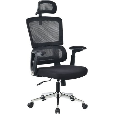 Chaise de bureau noire, Dossier haut avec coussin cervical, pieds en métal à roulettes - Longueur 44 x Hauteur 87 x Profondeur 54 cm (1/5)