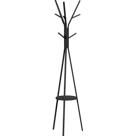 Porte-manteau trépied design contemporain branches étagère + 9 patères dim. 45L x 45l x 180H cm métal noir (1/5)
