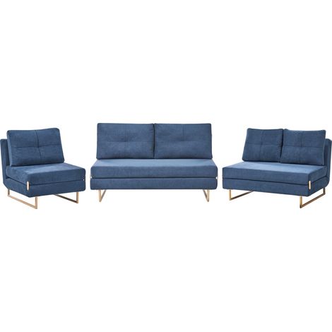 Conjunto de sala de estar de tela sofás de 3 plazas 2 plazas y 1 plaza con función de cama desplegable azul Jerslev (1/5)