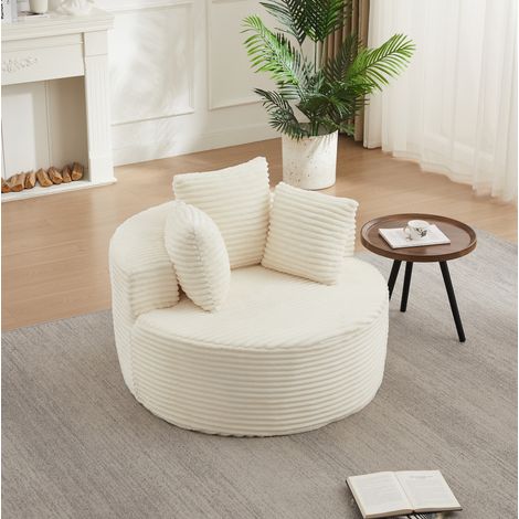 Canapé rond 1 place 110 cm en velours côtelé, assise moelleuse avec coussins, fauteuil lounge moderne pour salon - beige