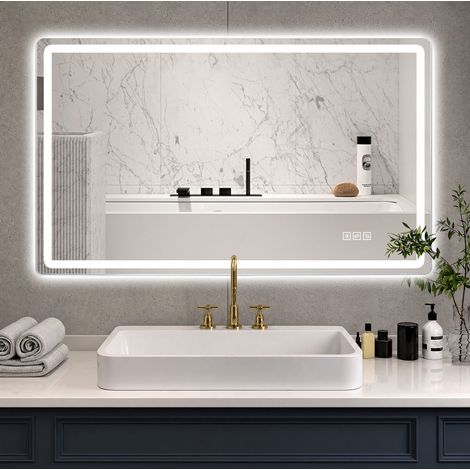 MODFU – Specchio da bagno LED 60x100 cm in vetro temperato e metallo con antiappannamento, 3 colori, intensità regolabile, IP44 e senza cornice – Argentato (1/5)
