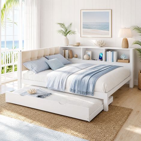 Cama nido 140x200 cm blanca de pino y MDF con cama extraíble, LED regulable, estantes y USB (1/5)