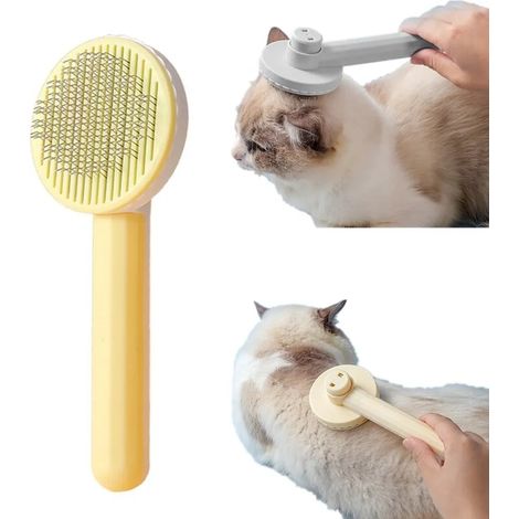 Brosse pour chien et chat en acier inoxydable doux, autonettoyante, pour lécher, enlever les poils, pour poils courts et longs, un bouton (jaune)-AquaForge (1/5)