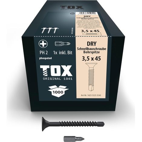 Vis à fixation rapide DRY BS 3,5 x 45 mm avec pointe de perçage, en chargeur pour montage avec visseuse à chargeur, pour plaques de plâtre sur ossature métallique, 1000pcs en carton, 142553253545 (1/5)