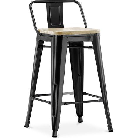 Bar Stool with Backrest - Industrial Design - Wood & Steel - 60cm - New Edition - Stylix Black